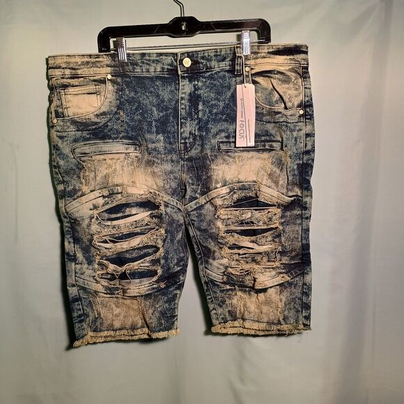 "Men's Distressed Acid Wash Denim Shorts – Ripped Biker Style with Frayed Hem" - Picture 1 of 6